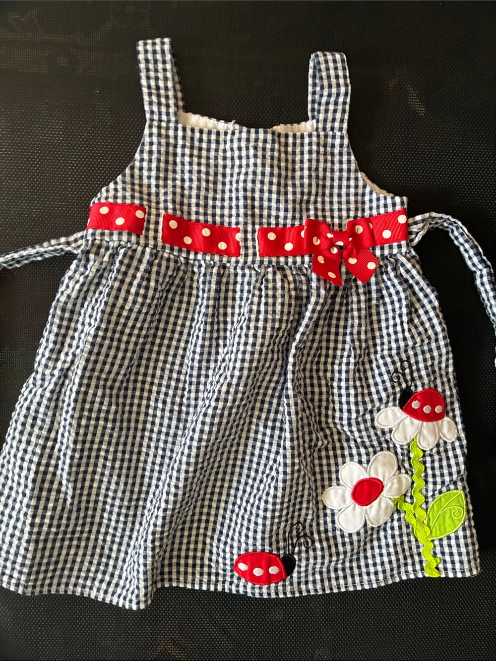 Girls Navy Gingham Sundress with Red Polka Dot Accents - 12 months